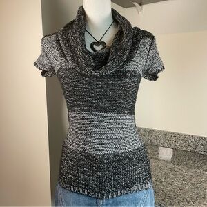 Y2K Black Grey Striped Cowl Neck Short Sleeve Small Knit Sweater